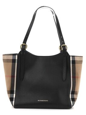 Burberry Black Leather Tote Bag with Beige Vintage Calfskin Check Panels